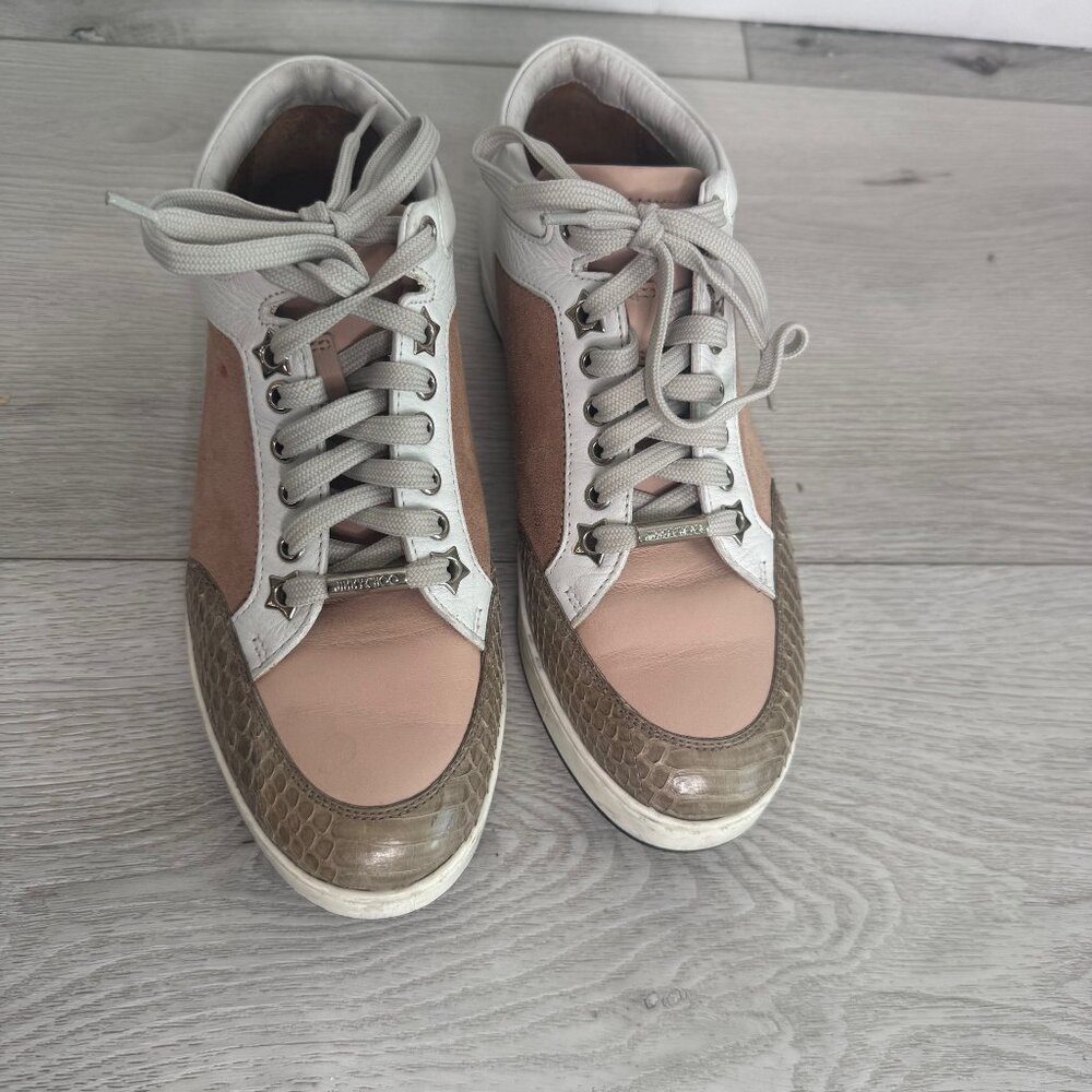 Jimmy Choo Tricolor Suede Leather Python Trim Miami Low Top Sneakers Size 36 5.5